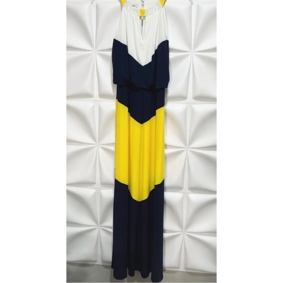 Maggy London Sz 8 Long Color Block Slinky Yellow Navy White Halter m Maxi Dress - Picture 6 of 9